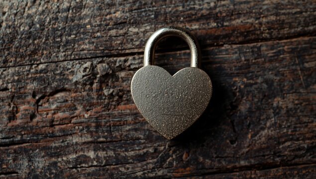 Heart-shaped padlock on weathered wooden surface