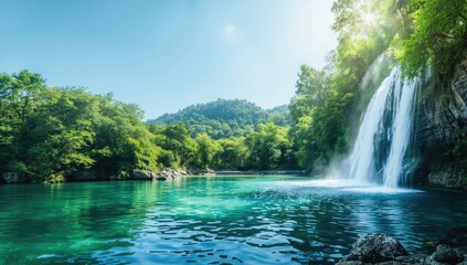 Naklejka premium Lush Waterfall Cascading into a Tranquil Emerald Pool Surrounded by Verdant Forest