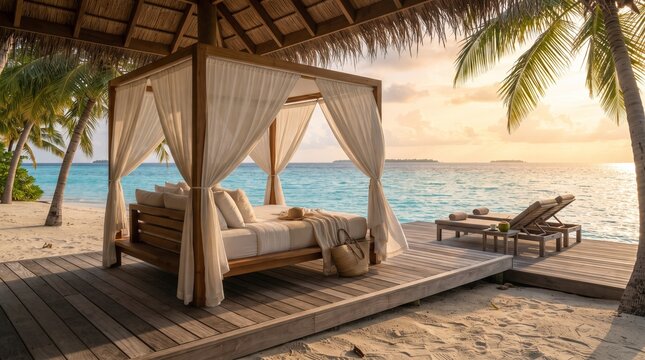 Elegant canopy bed on a private tropical beach deck with flowing white curtains, turquoise ocean, palm trees, and golden sunrise, creating a luxurious island resort escape.