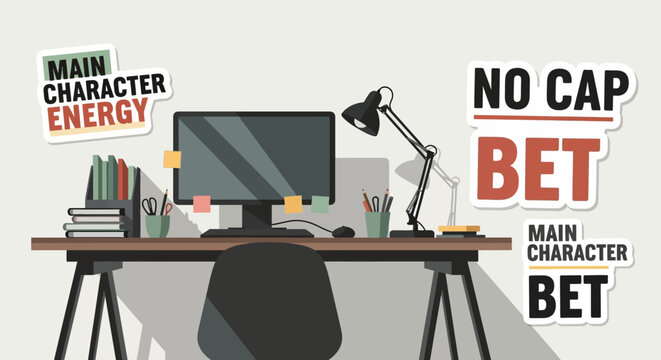 Modern flat-design workspace with trendy internet slang stickers, representing modern work culture and digital communication, for social media marketing and tech articles.