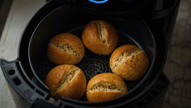 Freshly Baked Bread Rolls in an Air Fryer Basket on a Wooden Surface