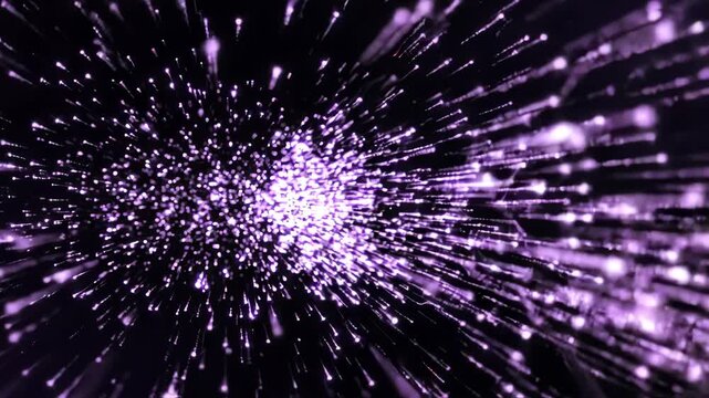 Abstract background with glowing purple particles exploding outward in a dynamic burst of light and energy