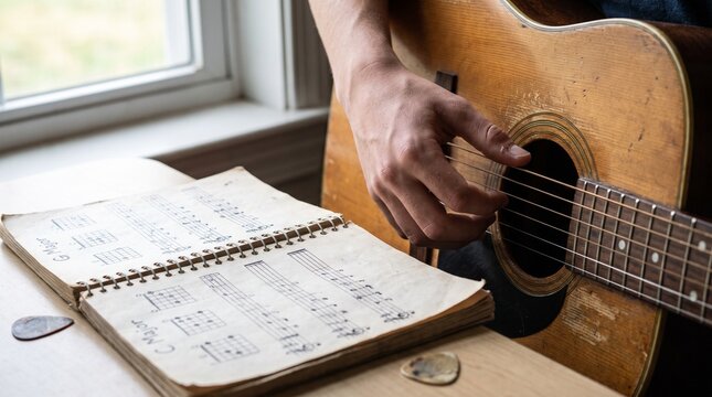 Person playing acoustic guitar with sheet music open on table