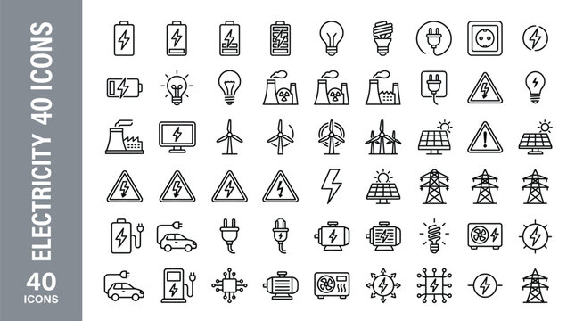 Electricity icon set featuring power, energy, safety, and renewable symbols for technology design, branding, and creative projects