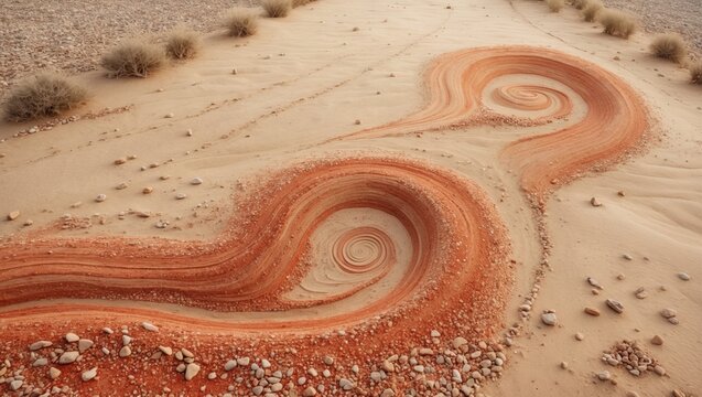 Sunny afternoon, detailed view of school playground sand with car wheel marks.