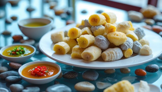 Traditional Kerala Breakfast featuring Boiled Tapioca, Colocasia, and Purple Yam served with Spicy Chilli Sauce