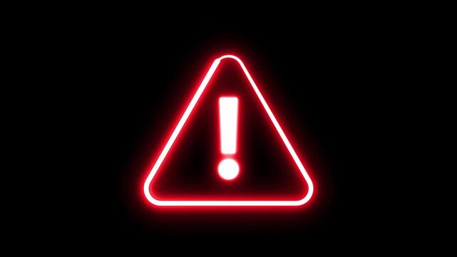 Glowing red neon warning sign with exclamation mark on black background. caution and alert neon sign. Danger road warning sign, caution signal icon animation.