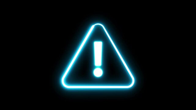 Glowing red neon warning sign with exclamation mark on black background. caution and alert neon sign. Danger road warning sign, caution signal icon animation.