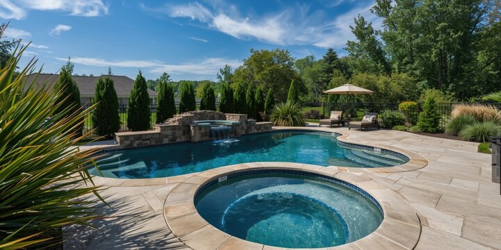 Modern Swimming Pool with Jacuzzi - Sunny Backyard Oasis, Lush Greenery, Bright Sky