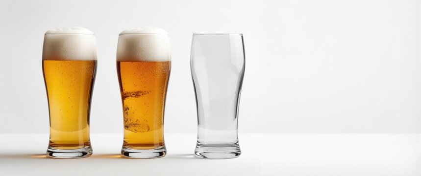 Three Beer Glasses Two Filled with Beer and One Empty on White Background