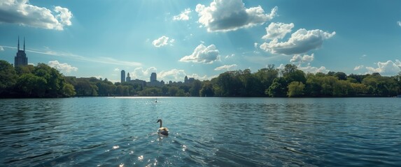 Fototapeta premium Swan Swimming on a Calm Lake with City Skyline and Fluffy Clouds