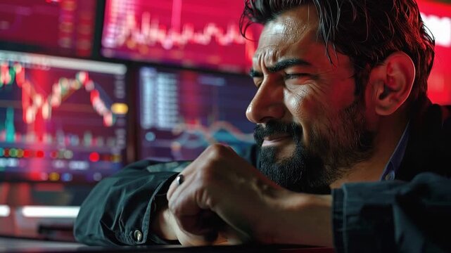 Financial Ruin: A distressed trader clutches his head, eyes squeezed shut, as a red-hot stock market graph plummets on the screen behind him, reflecting his impending financial doom.