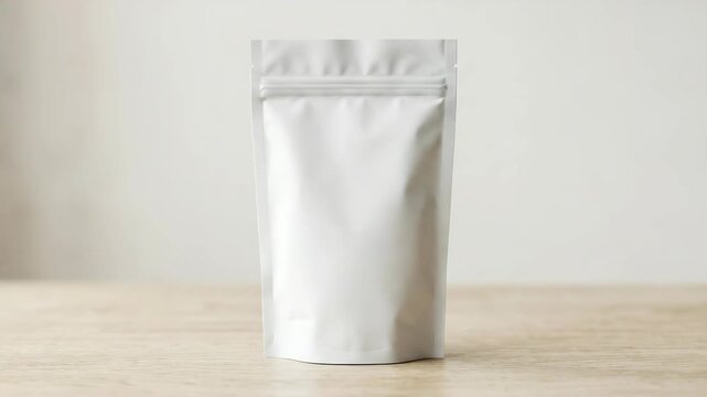 Single use coffee pod in a white packaging sitting on a wooden table.