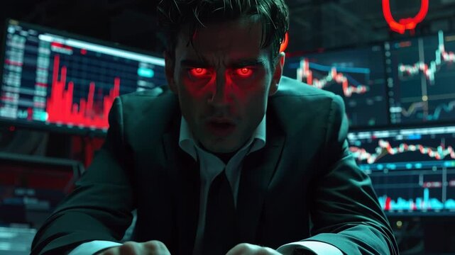 Intense Trader in Red-Hued Gloom: A man in a suit with glowing red eyes stares intently at a bank of trading monitors displaying volatile stock market data.