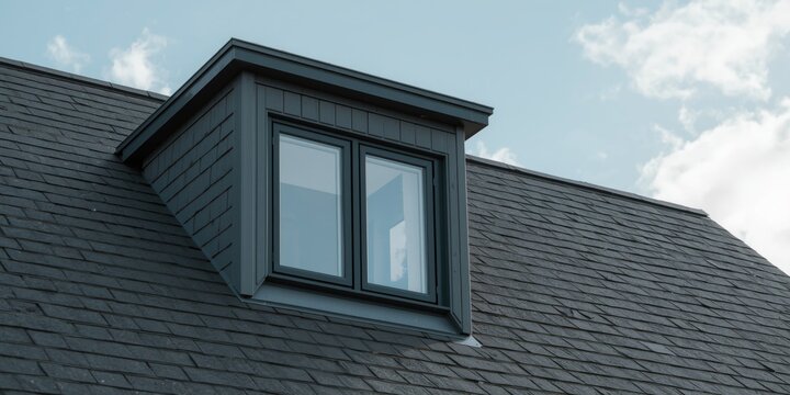 Modern Roof Dormer Window on Slate Roof Against Blue Sky