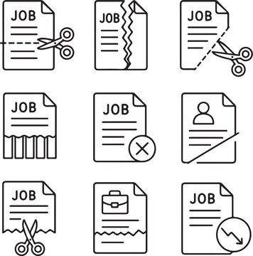 A collection of black and white line art icons depicting various concepts of job loss and.