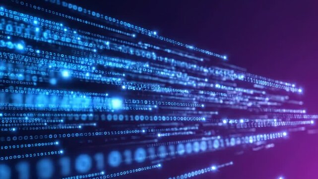 Abstract digital background with flowing blue binary code and glowing data streams