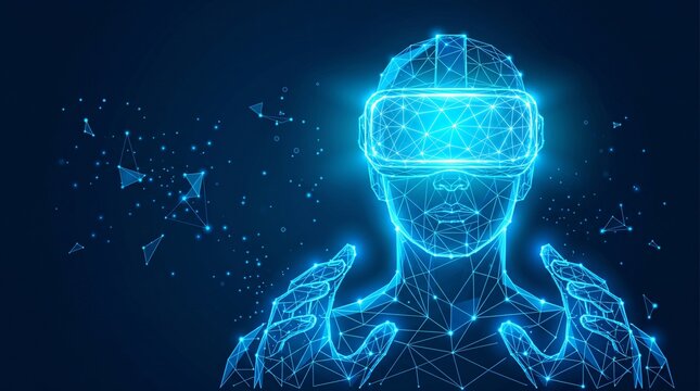 Virtual reality wireframe illustration of a person wearing a vr headset exploring a digital cyberspace environment with metaverse technology cyberspace simulation immersion innovation