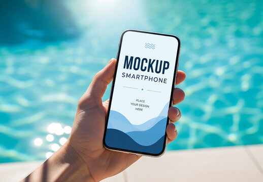 Summer time smartphone screen mockup near swimming pool