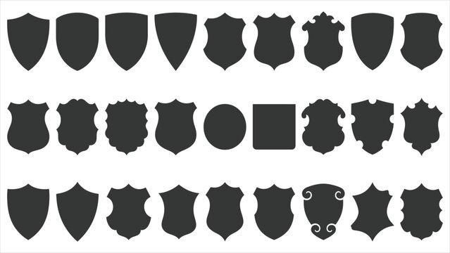  Set of black shield silhouettes, security badge vector icons, blank heraldic crest shapes isolated on white background..