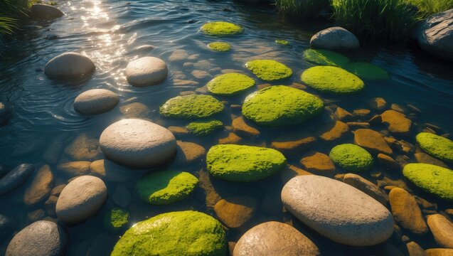 Stream flowing over rock bed and algae in a river environment.