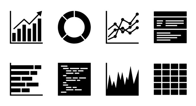 70 Data Visualization Icons Set, Business Analytics Charts and Graphs Collection, Financial Statistics Symbols, Infographic Elements, Vector Graphics 100