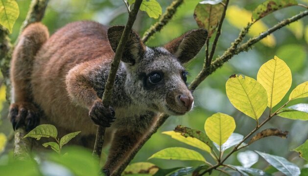 Close up of Goodfellow Tree-Kangaroo climbing on canopy tree of rainforest in Papua New Guinea. Exotic animal of tropical forest.
