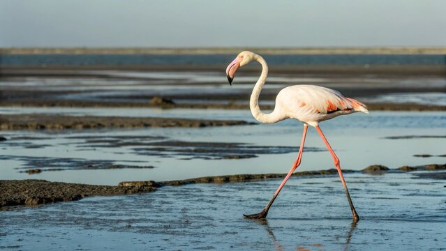 Greater Flamingo (Phoenicopterus roseus) foraging in the mudflats, Northern Australia.

