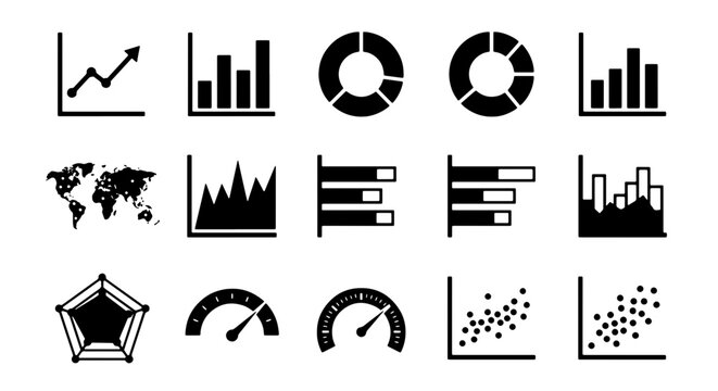 70 15 Black Vector Icons: Data Visualization Charts, Graphs, World Map, Speedometers, Radar Chart, Scatter Plot, Bar Charts, Pie Charts, Line Graphs for Business Analytics and Reporting 100