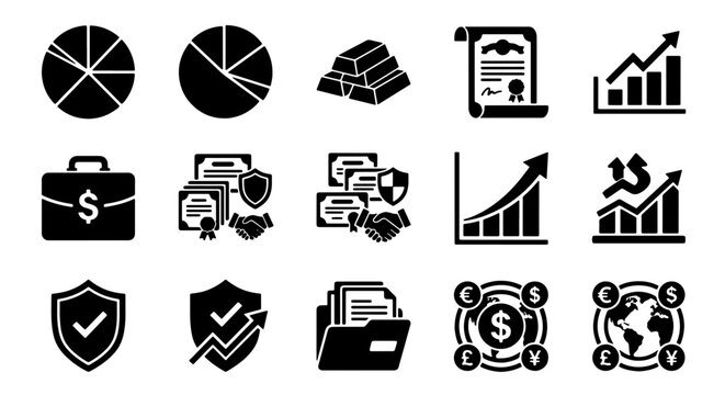 70 Financial Icons Set, Business Growth & Investment Symbols, Corporate Finance & Security Vector Graphics, Economic Analysis & Trading Charts, 15 Elements 100