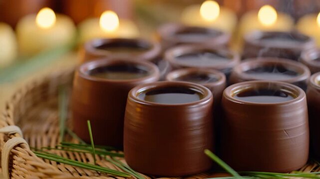 Low-angle close view of steaming brown clay cups arranged on woven straw basket with dark liquid, warm candle bokeh, rustic texture, and soft ambient glow, with clay, cups, steam, hot detail