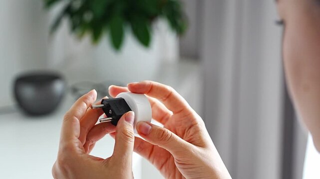 Woman compares electrical plug adapters for different power outlets at home. International travel and power compatibility concept for global electronics.