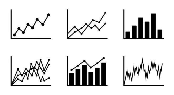 70 Set of Six Black and White Business Charts and Graphs, Data Visualization Icons, Financial Analytics and Statistics Vector Elements 100