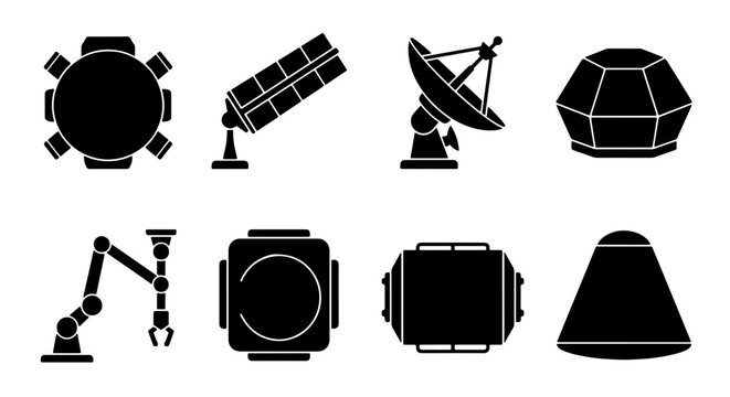 70 Space Exploration Technology Icons: Satellite Dish, Robotic Arm, Spacecraft Modules, and More Vector Graphics for Science and Industry 100