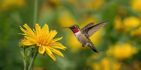 Obraz premium Hummingbird Hovering Near Bright Yellow Flower - Natural Garden Setting, Vibrant Colors