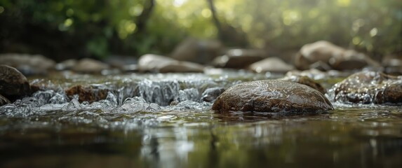Fototapeta premium Clear Water Flowing Over Rocks in a Sunlit Stream with Greenery