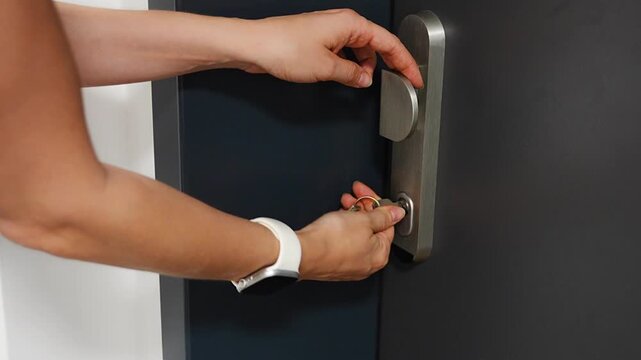 Person unlocking a residential apartment door with a key. Secure home access supports privacy safety and everyday property protection