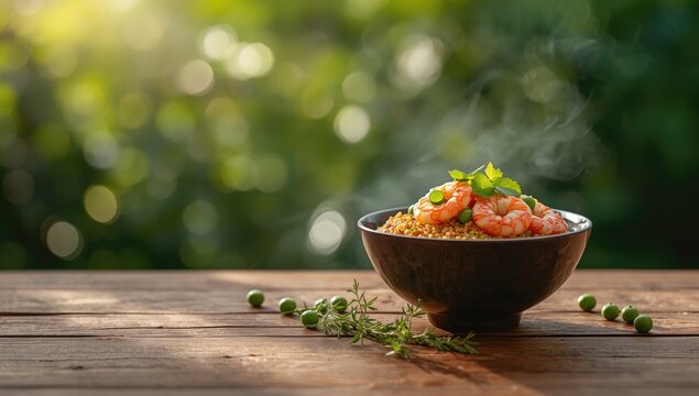 Shrimp Dish with Herbs in a Bowl on a Wooden Table with Blurred Background