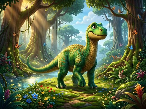 Cute Green Dinosaur in Enchanted Fantasy Forest