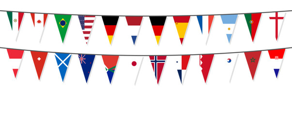Obraz premium international flag bunting garland. world country pennant banner strings. festive national flag decoration for design. flat celebration bunting illustration 