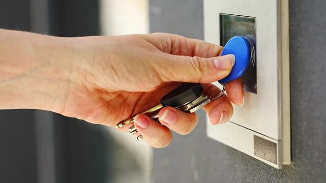 Person using contactless key fob on residential building access control system and entering the building. Secure entry technology supports convenient and controlled property access