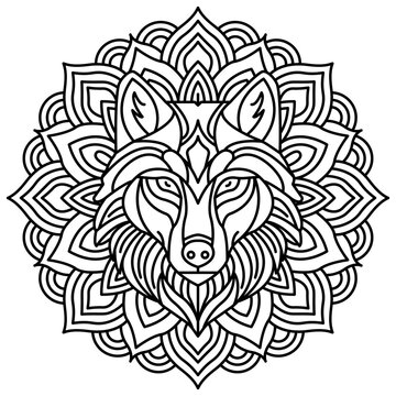 Abstract tribal wolf head mandala line art outline isolated on white.