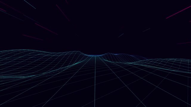Abstract digital landscape with a glowing blue wireframe grid and retro neon light streaks
