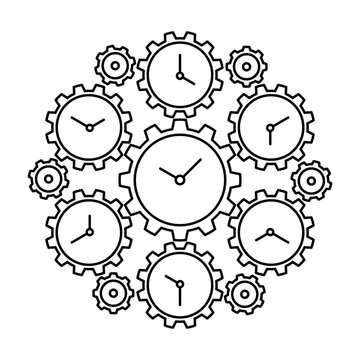 Steampunk mechanism outline with interlocking gears and clock faces.