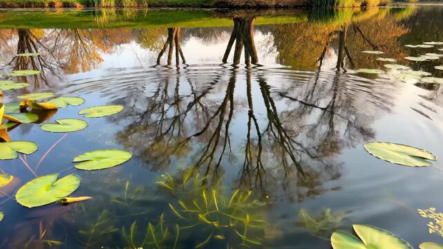 Autumn trees reflecting in pond with lily pads