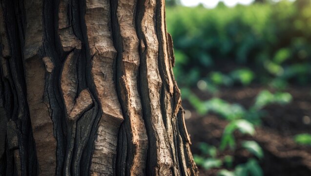 Close-Up of Teak Tree Bark Texture, Outdoor Teak Tree Trunk Bathed in Natural Light