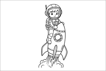 Obraz premium Cute Astronaut Riding Rocket Coloring Page for Children