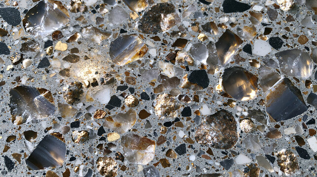 Polished concrete surface embedded with reflective glass and glittering stone aggregates shines under bright light. Ideal for modern architectural backdrops and interior design.