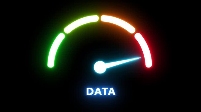 Digital data speedometer gauge animation, high-speed information processing and performance metrics concept
