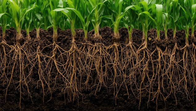 Corn Plants with Exposed Roots - Soil Cross-Section, Lush Green Foliage